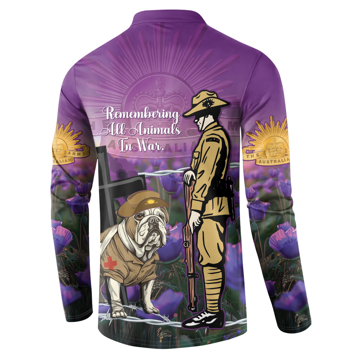Australia Dog Heroes ANZAC Button Sweatshirt Remembering All Animals In War Purple Poppies