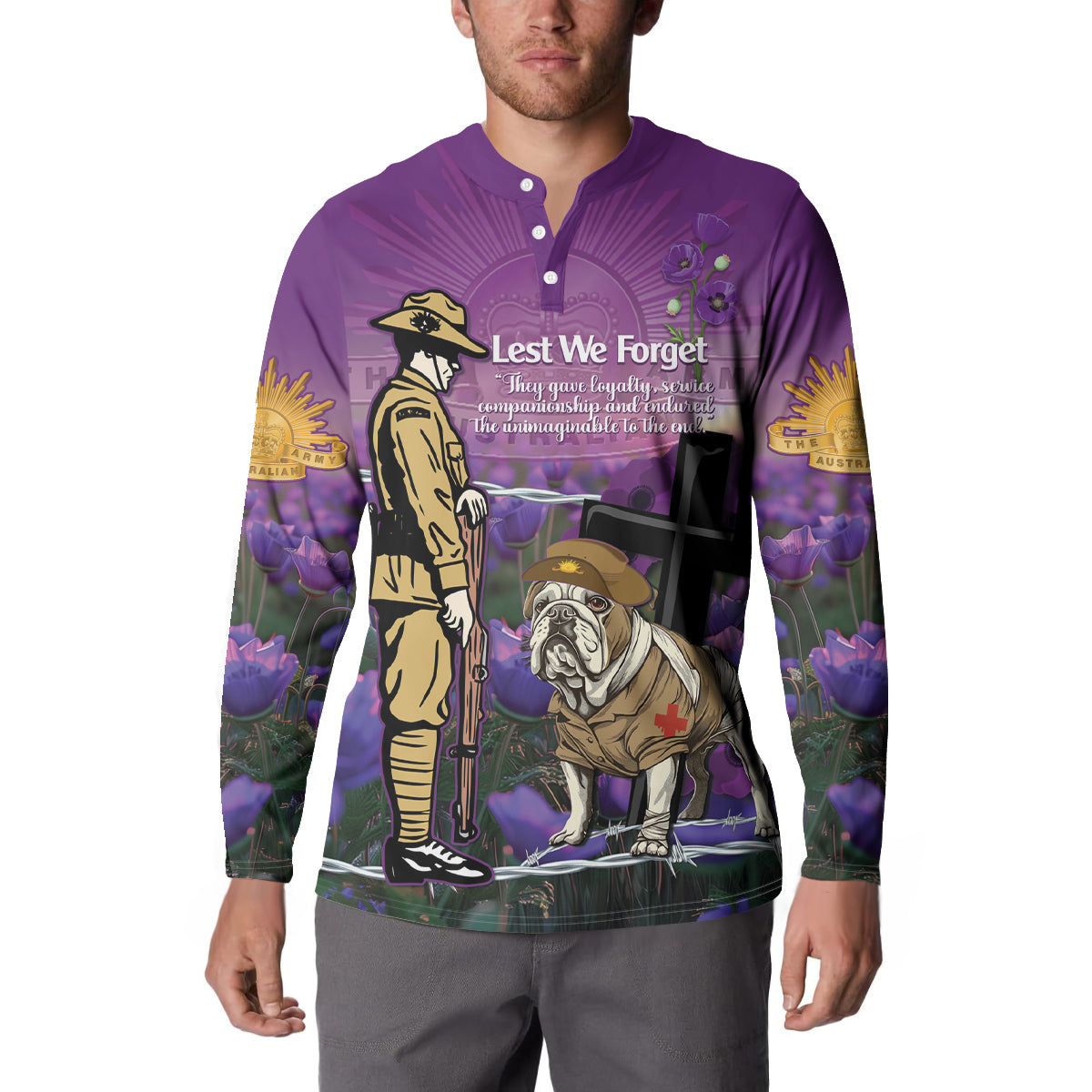 Australia Dog Heroes ANZAC Button Sweatshirt Remembering All Animals In War Purple Poppies