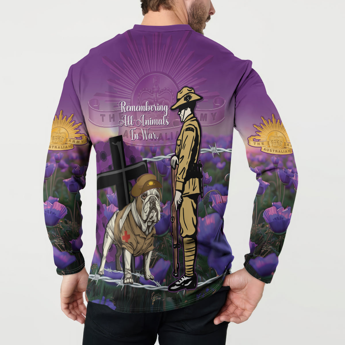 Australia Dog Heroes ANZAC Button Sweatshirt Remembering All Animals In War Purple Poppies