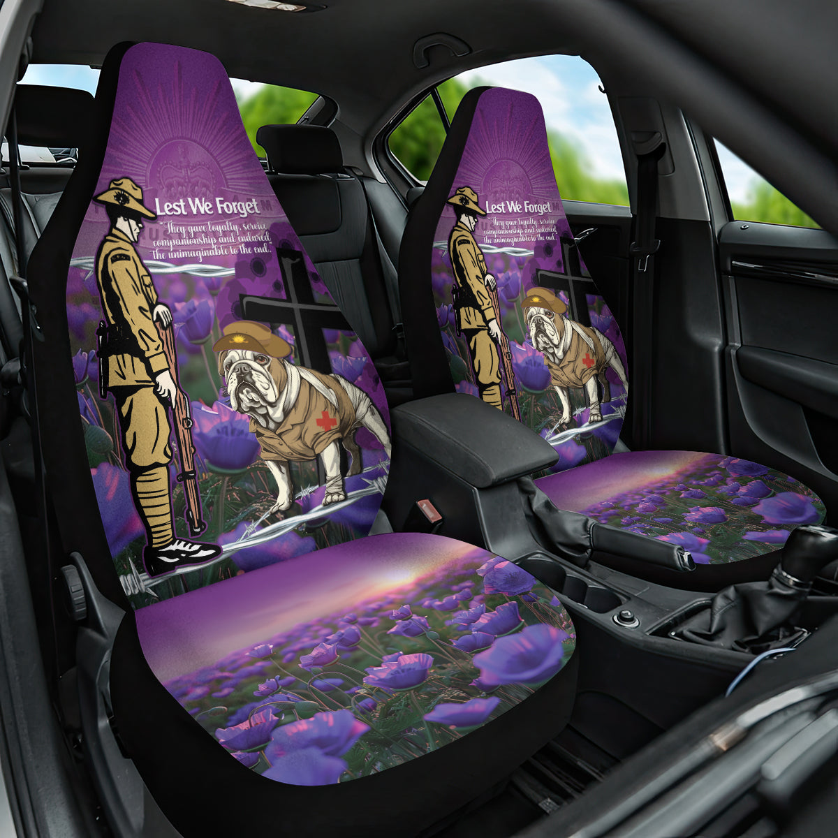 Australia Dog Heroes ANZAC Car Seat Cover Remembering All Animals In War Purple Poppies - Vibe Hoodie Shop
