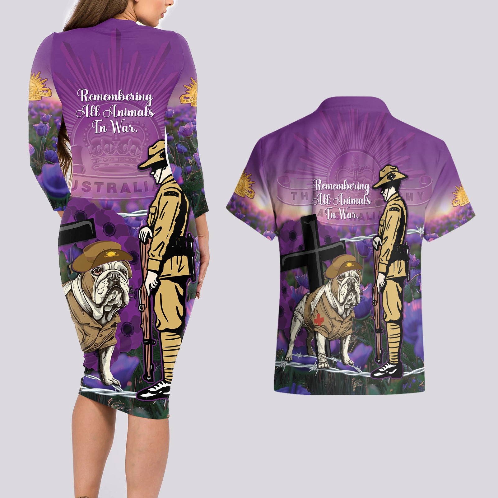 Australia Dog Heroes ANZAC Couples Matching Long Sleeve Bodycon Dress and Hawaiian Shirt Remembering All Animals In War Purple Poppies
