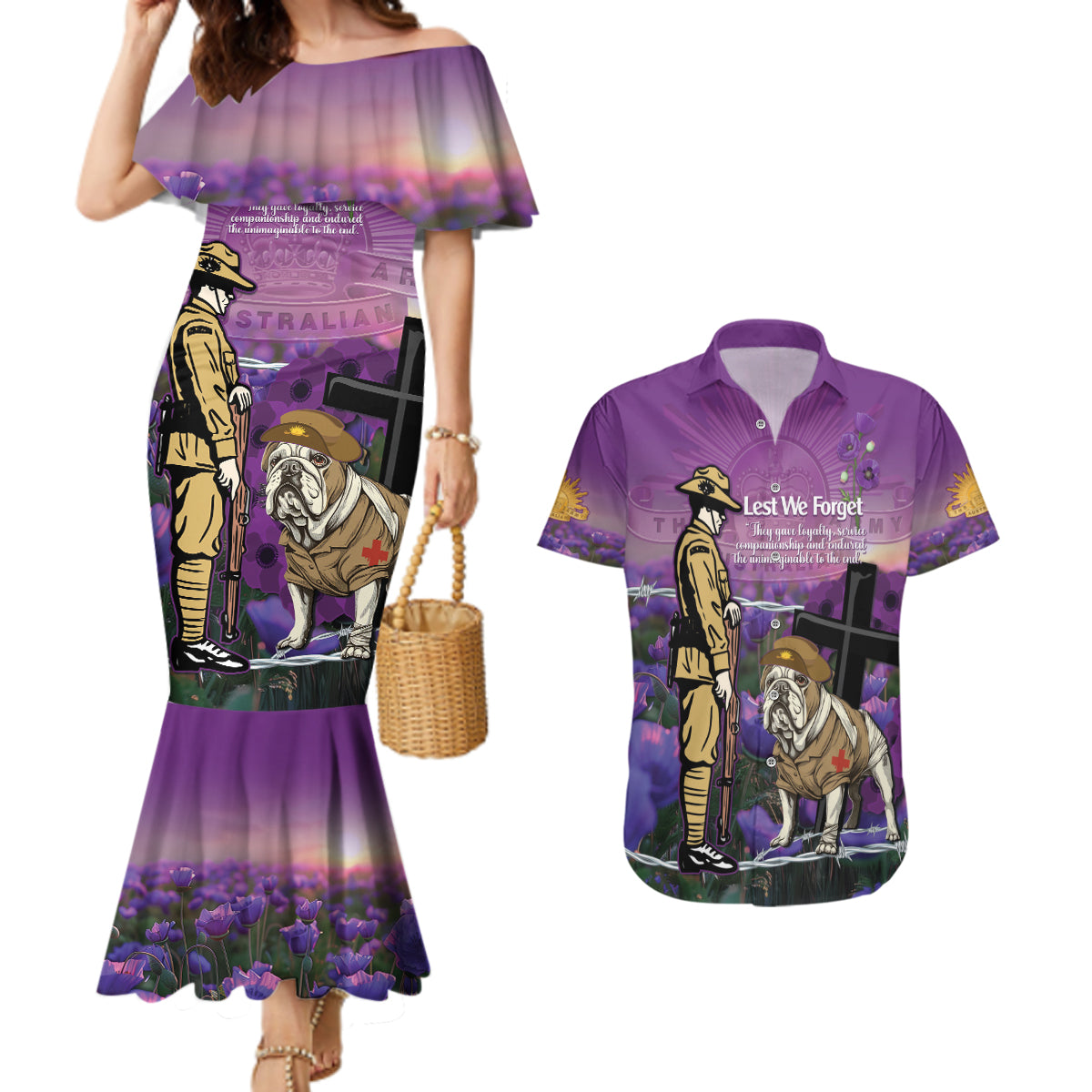 Australia Dog Heroes ANZAC Couples Matching Mermaid Dress and Hawaiian Shirt Remembering All Animals In War Purple Poppies