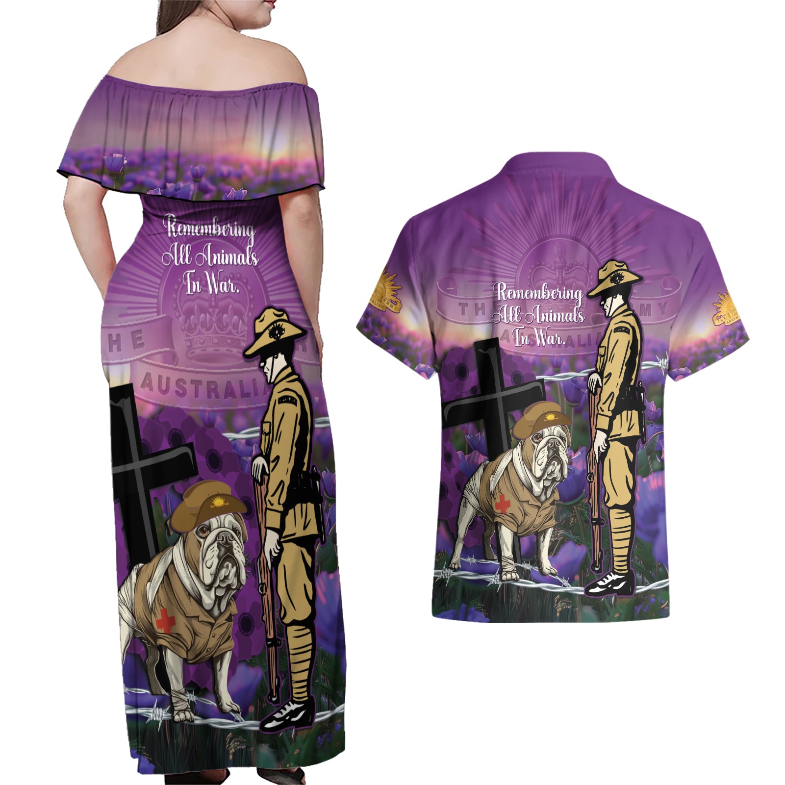 Australia Dog Heroes ANZAC Couples Matching Off Shoulder Maxi Dress and Hawaiian Shirt Remembering All Animals In War Purple Poppies
