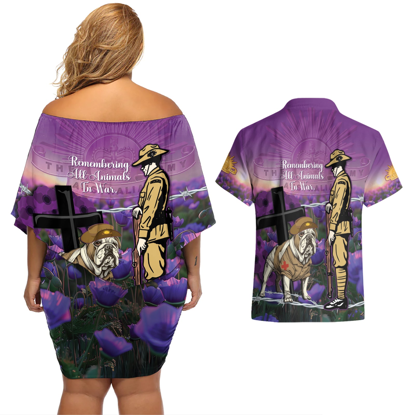 Australia Dog Heroes ANZAC Couples Matching Off Shoulder Short Dress and Hawaiian Shirt Remembering All Animals In War Purple Poppies