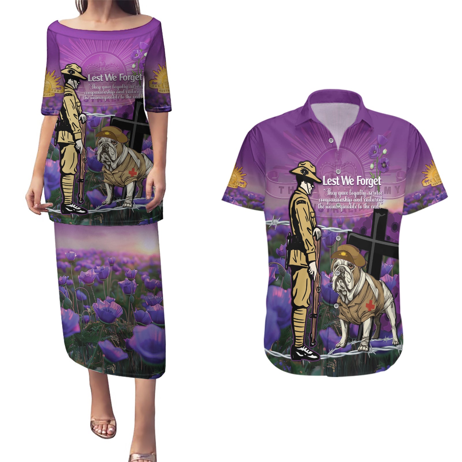 Australia Dog Heroes ANZAC Couples Matching Puletasi and Hawaiian Shirt Remembering All Animals In War Purple Poppies