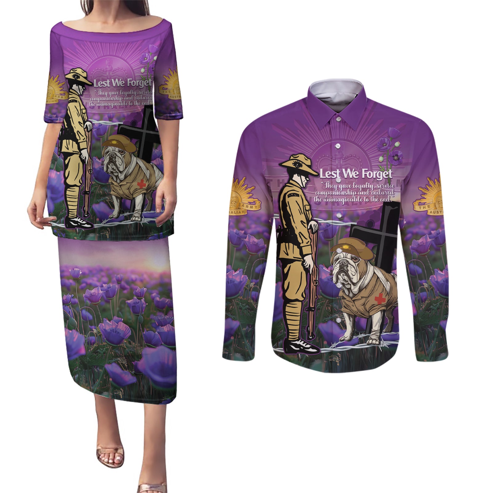 Australia Dog Heroes ANZAC Couples Matching Puletasi and Long Sleeve Button Shirt Remembering All Animals In War Purple Poppies