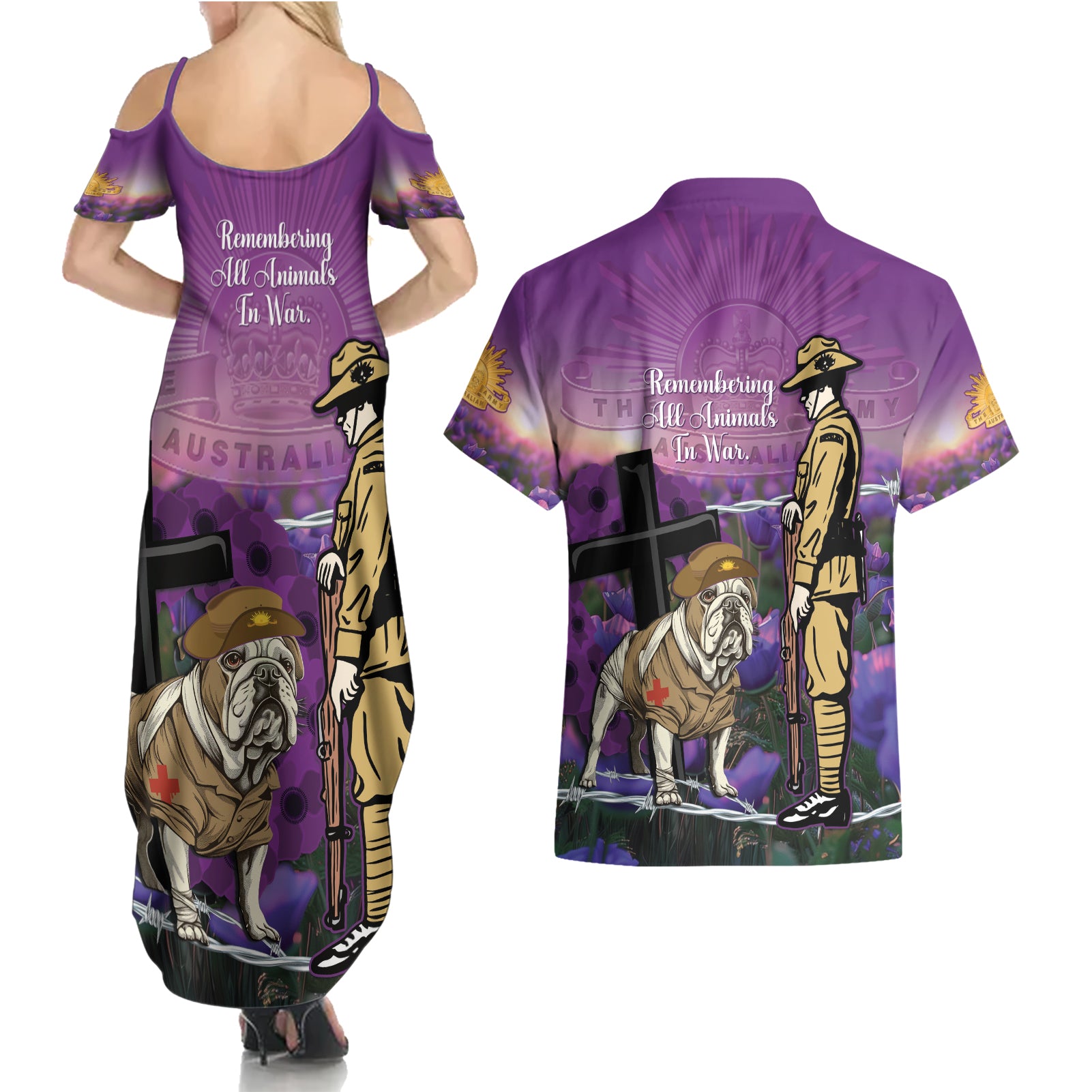 Australia Dog Heroes ANZAC Couples Matching Summer Maxi Dress and Hawaiian Shirt Remembering All Animals In War Purple Poppies