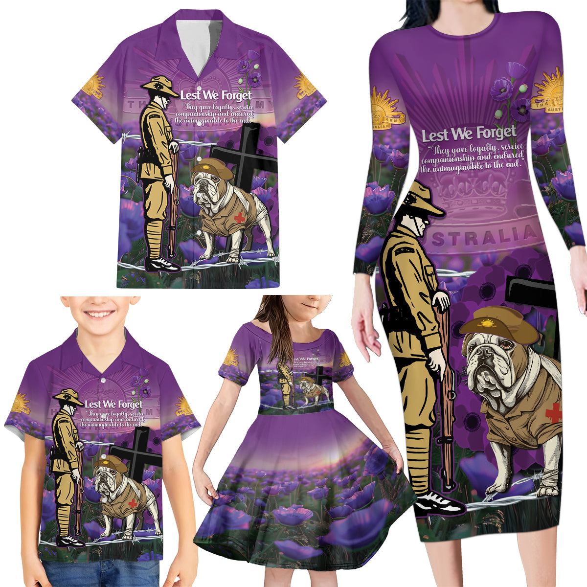 Australia Dog Heroes ANZAC Family Matching Long Sleeve Bodycon Dress and Hawaiian Shirt Remembering All Animals In War Purple Poppies