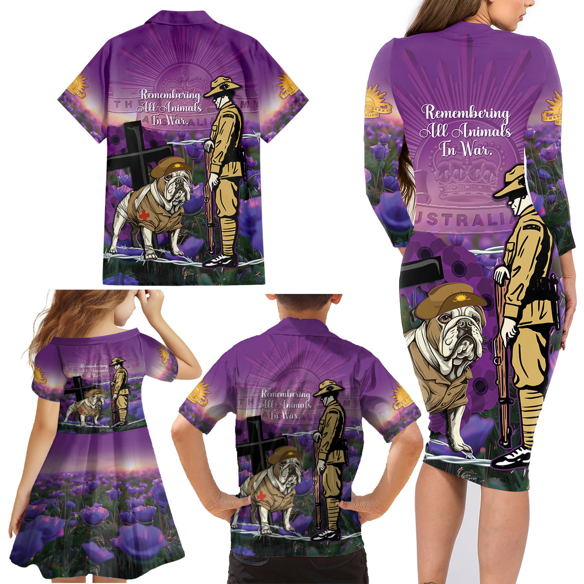 Australia Dog Heroes ANZAC Family Matching Long Sleeve Bodycon Dress and Hawaiian Shirt Remembering All Animals In War Purple Poppies