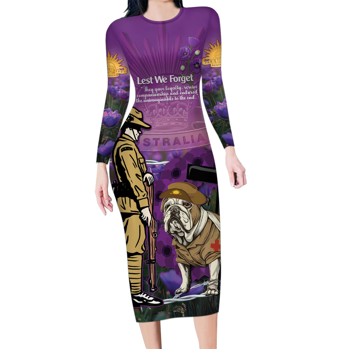 Australia Dog Heroes ANZAC Family Matching Long Sleeve Bodycon Dress and Hawaiian Shirt Remembering All Animals In War Purple Poppies