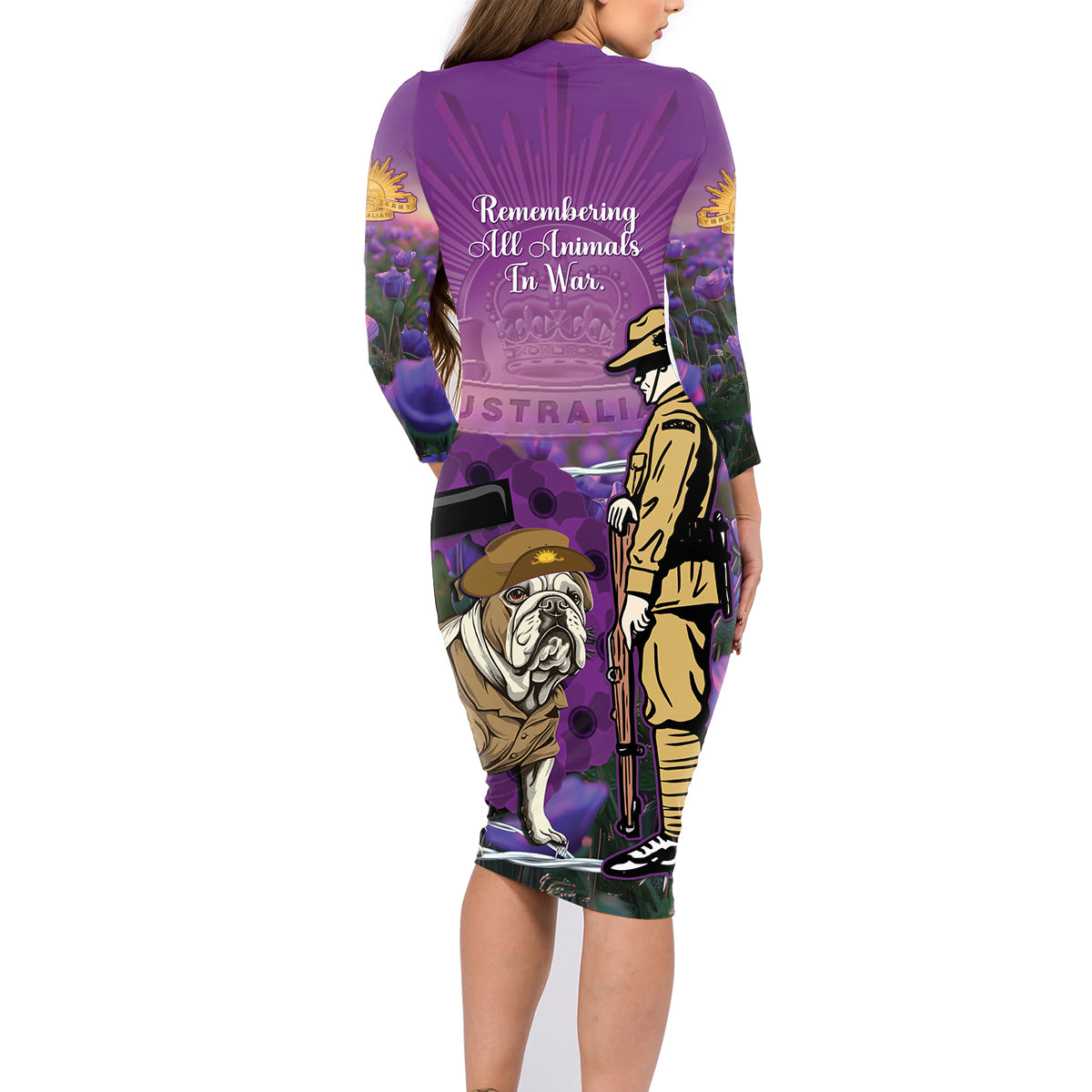 Australia Dog Heroes ANZAC Family Matching Long Sleeve Bodycon Dress and Hawaiian Shirt Remembering All Animals In War Purple Poppies