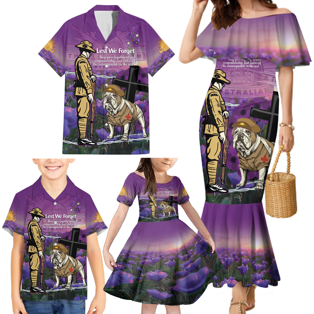 Australia Dog Heroes ANZAC Family Matching Mermaid Dress and Hawaiian Shirt Remembering All Animals In War Purple Poppies