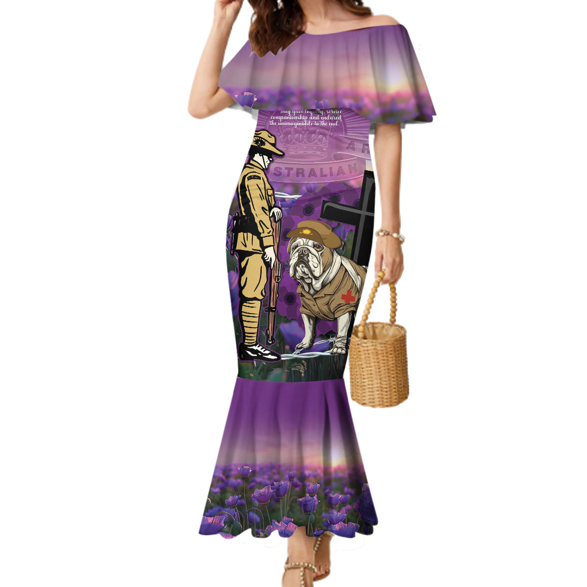 Australia Dog Heroes ANZAC Family Matching Mermaid Dress and Hawaiian Shirt Remembering All Animals In War Purple Poppies