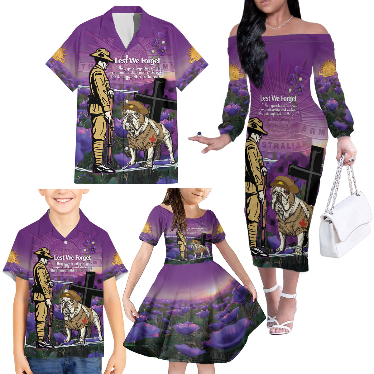 Australia Dog Heroes ANZAC Family Matching Off The Shoulder Long Sleeve Dress and Hawaiian Shirt Remembering All Animals In War Purple Poppies