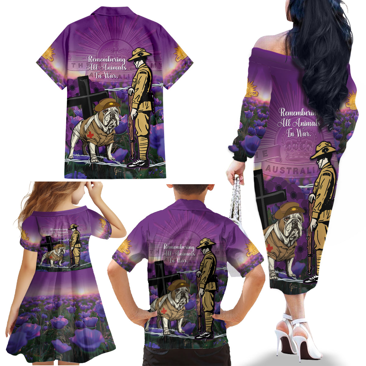 Australia Dog Heroes ANZAC Family Matching Off The Shoulder Long Sleeve Dress and Hawaiian Shirt Remembering All Animals In War Purple Poppies