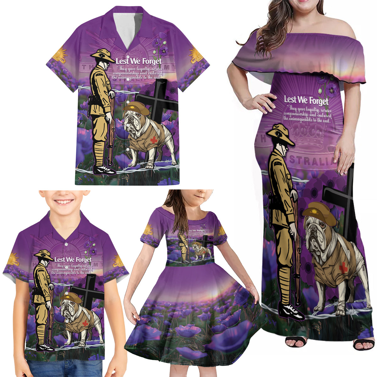 Australia Dog Heroes ANZAC Family Matching Off Shoulder Maxi Dress and Hawaiian Shirt Remembering All Animals In War Purple Poppies
