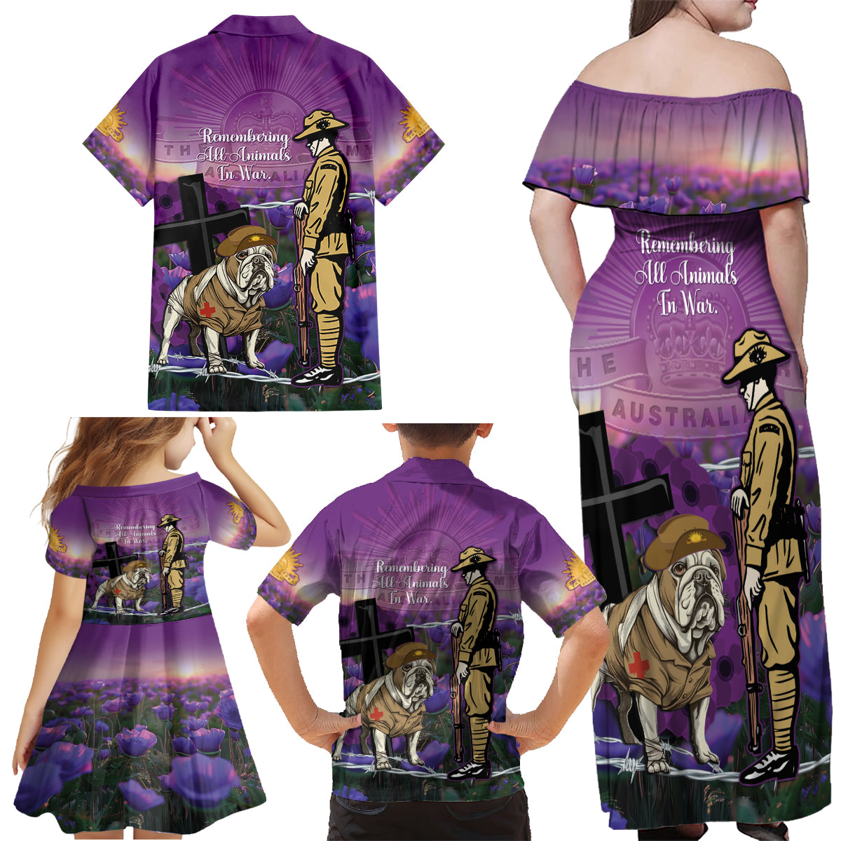Australia Dog Heroes ANZAC Family Matching Off Shoulder Maxi Dress and Hawaiian Shirt Remembering All Animals In War Purple Poppies