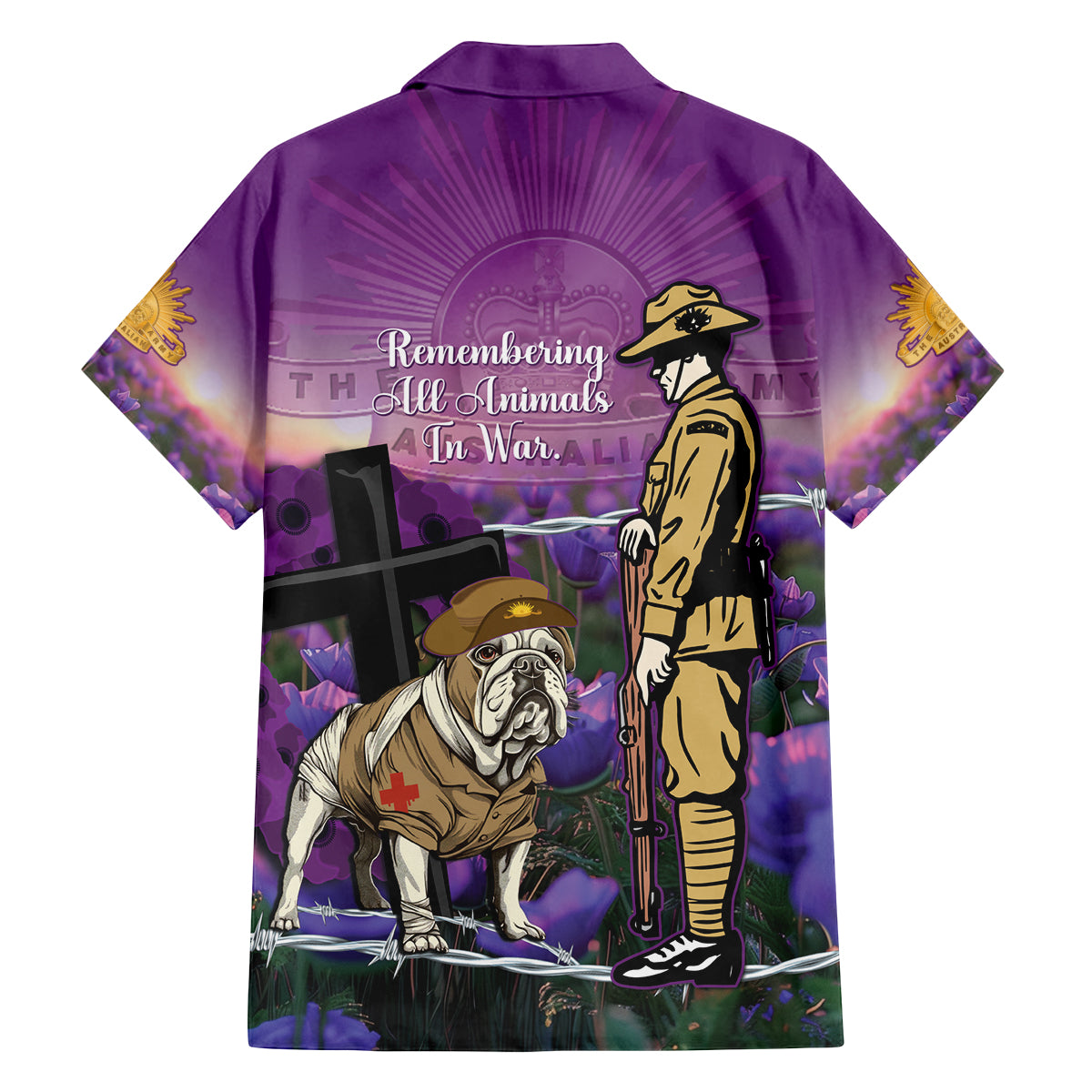 Australia Dog Heroes ANZAC Family Matching Off Shoulder Maxi Dress and Hawaiian Shirt Remembering All Animals In War Purple Poppies