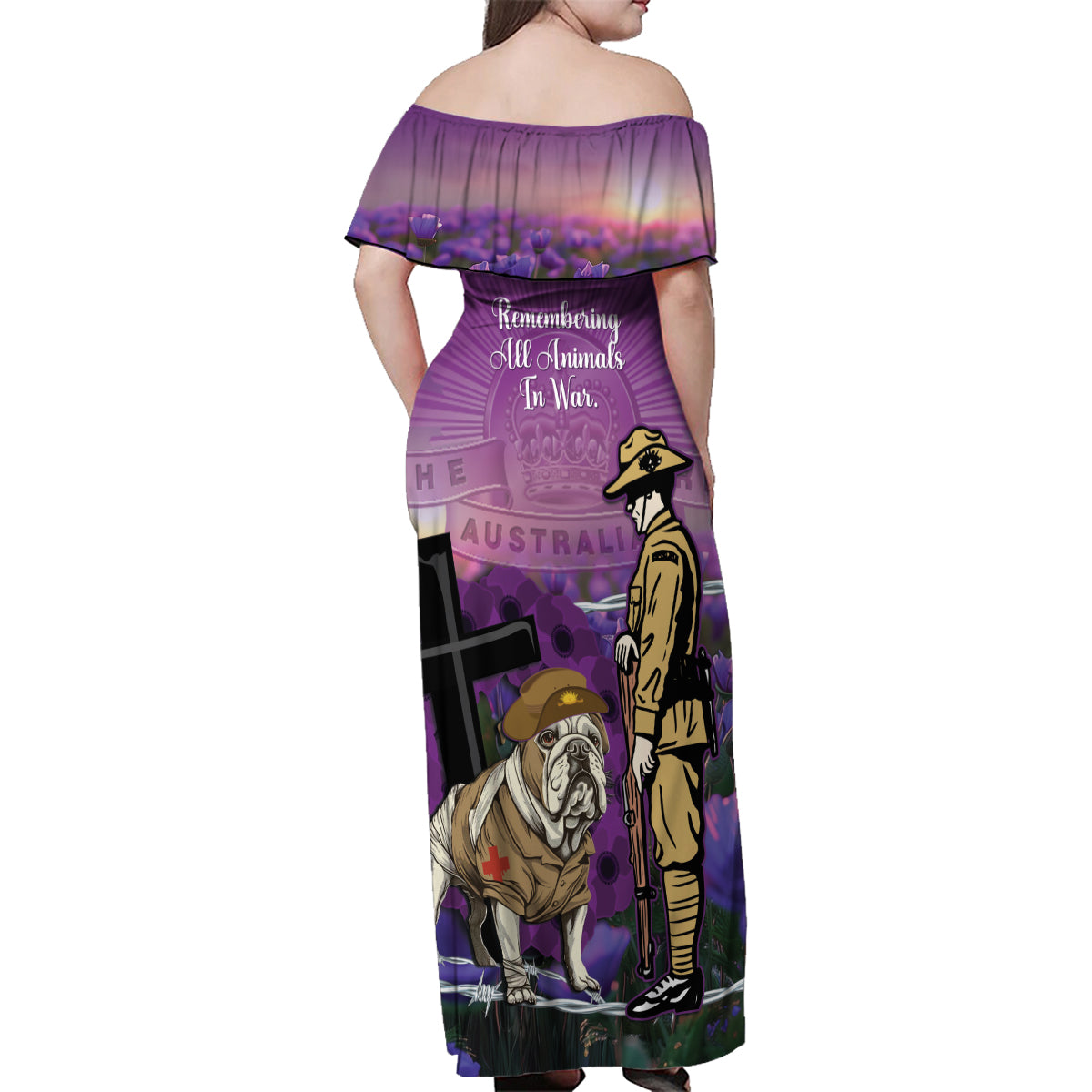 Australia Dog Heroes ANZAC Family Matching Off Shoulder Maxi Dress and Hawaiian Shirt Remembering All Animals In War Purple Poppies