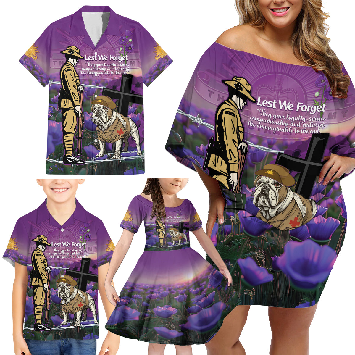 Australia Dog Heroes ANZAC Family Matching Off Shoulder Short Dress and Hawaiian Shirt Remembering All Animals In War Purple Poppies