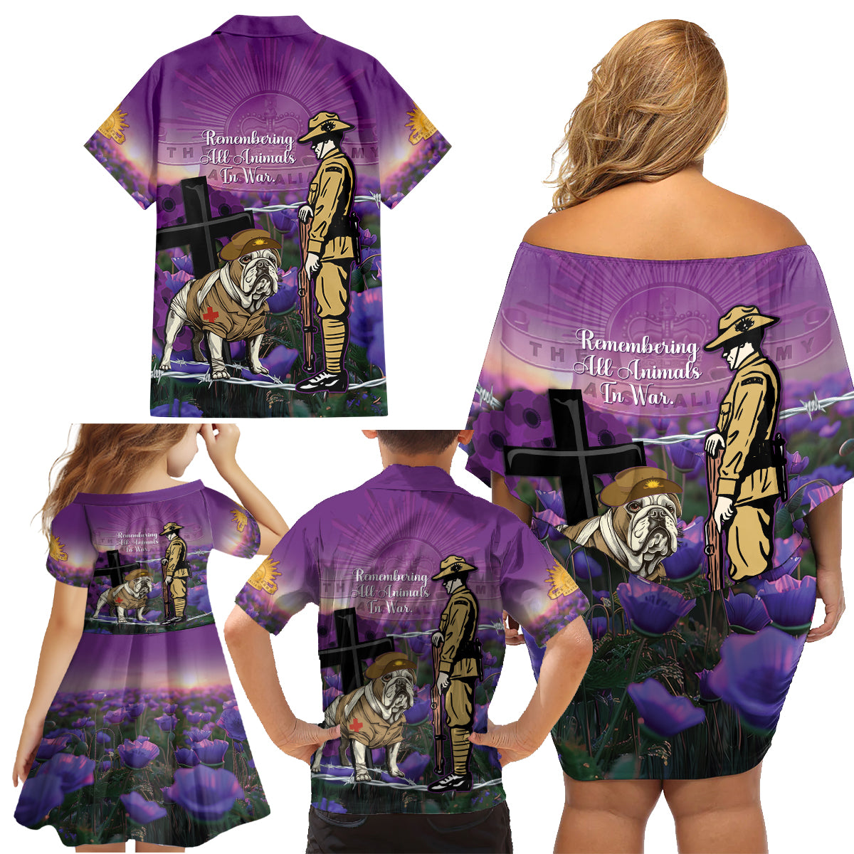 Australia Dog Heroes ANZAC Family Matching Off Shoulder Short Dress and Hawaiian Shirt Remembering All Animals In War Purple Poppies