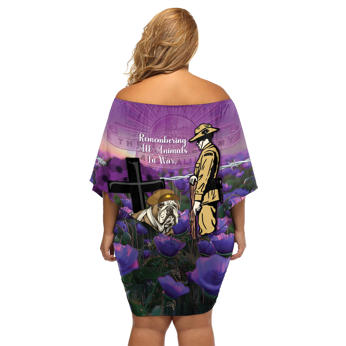 Australia Dog Heroes ANZAC Family Matching Off Shoulder Short Dress and Hawaiian Shirt Remembering All Animals In War Purple Poppies
