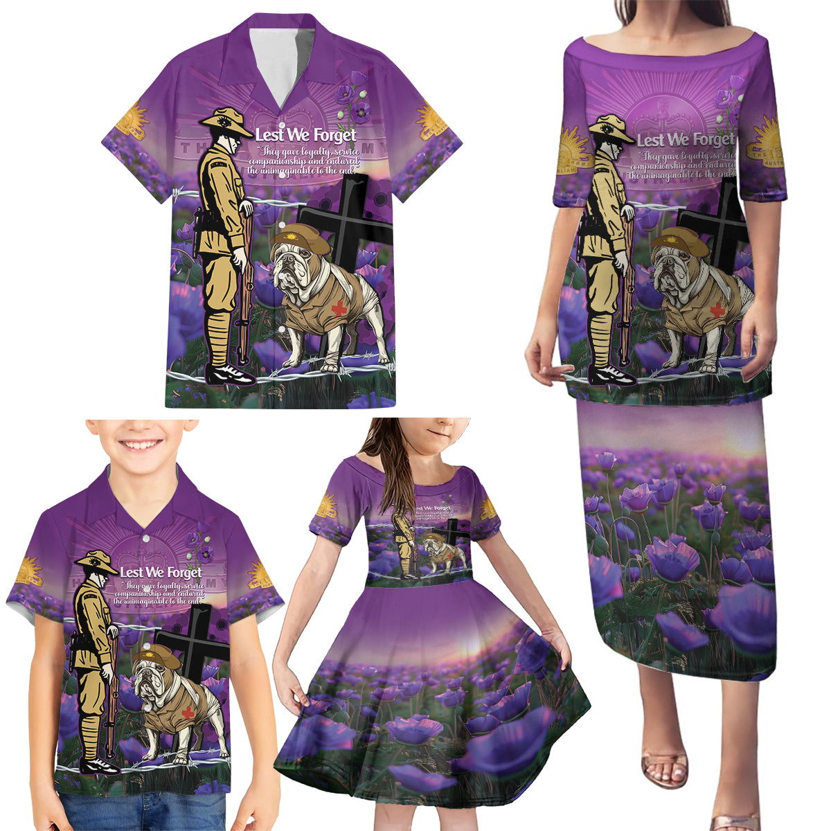 Australia Dog Heroes ANZAC Family Matching Puletasi and Hawaiian Shirt Remembering All Animals In War Purple Poppies