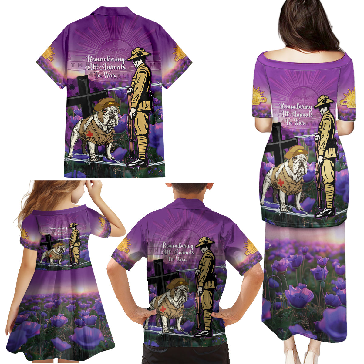 Australia Dog Heroes ANZAC Family Matching Puletasi and Hawaiian Shirt Remembering All Animals In War Purple Poppies