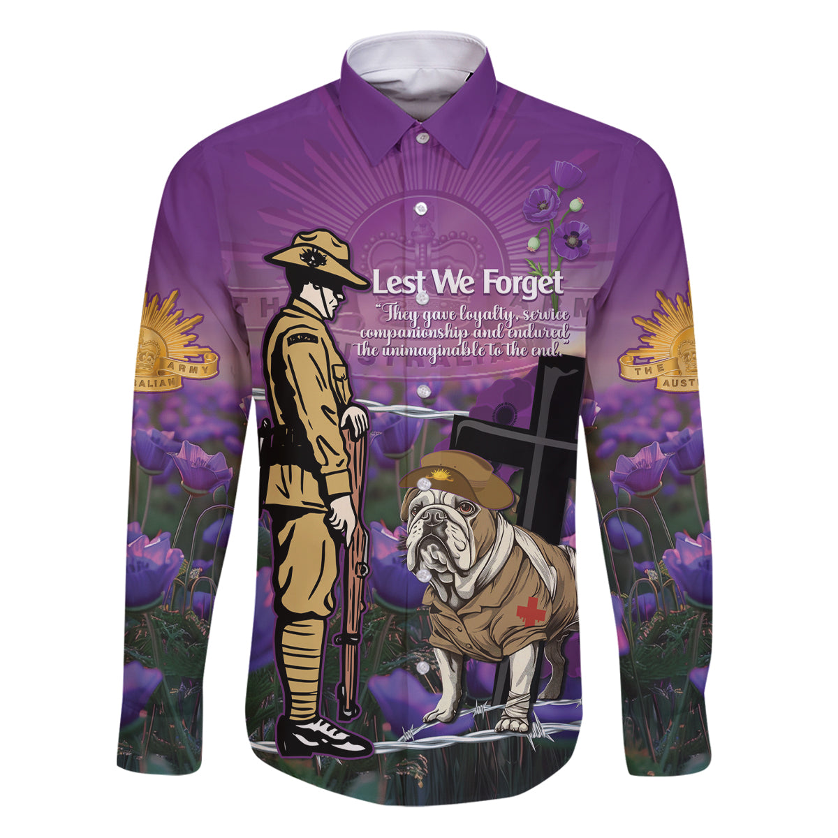 Australia Dog Heroes ANZAC Family Matching Puletasi and Hawaiian Shirt Remembering All Animals In War Purple Poppies