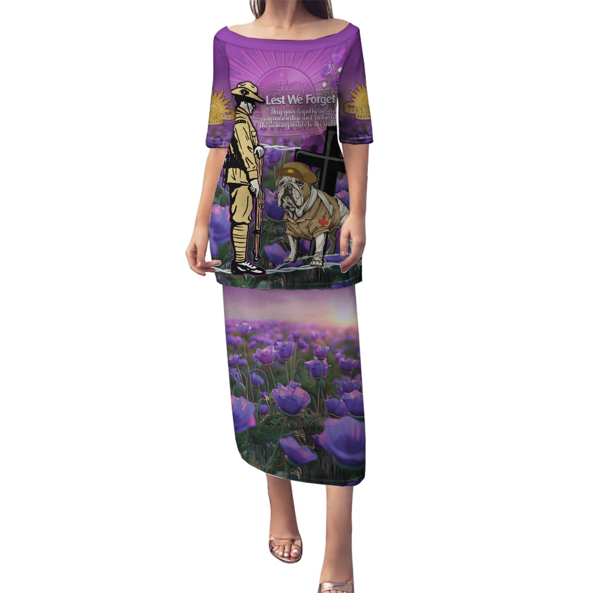 Australia Dog Heroes ANZAC Family Matching Puletasi and Hawaiian Shirt Remembering All Animals In War Purple Poppies