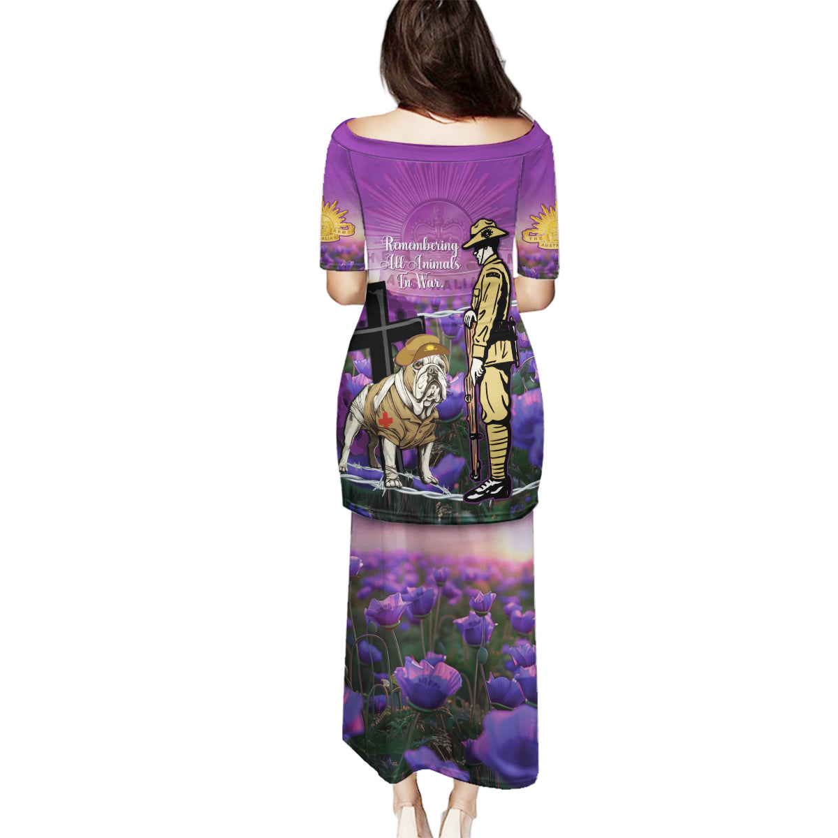 Australia Dog Heroes ANZAC Family Matching Puletasi and Hawaiian Shirt Remembering All Animals In War Purple Poppies