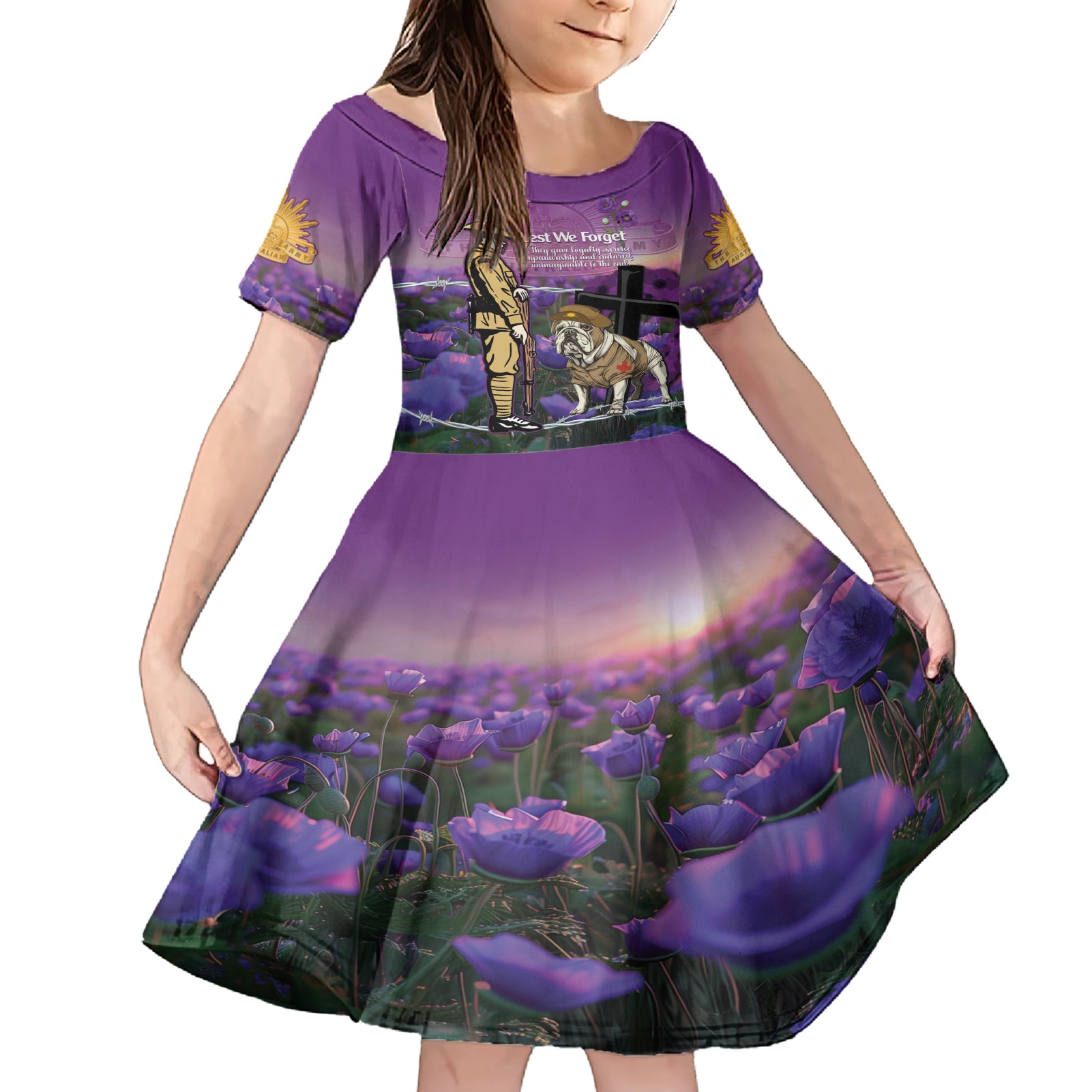 Australia Dog Heroes ANZAC Family Matching Short Sleeve Bodycon Dress and Hawaiian Shirt Remembering All Animals In War Purple Poppies
