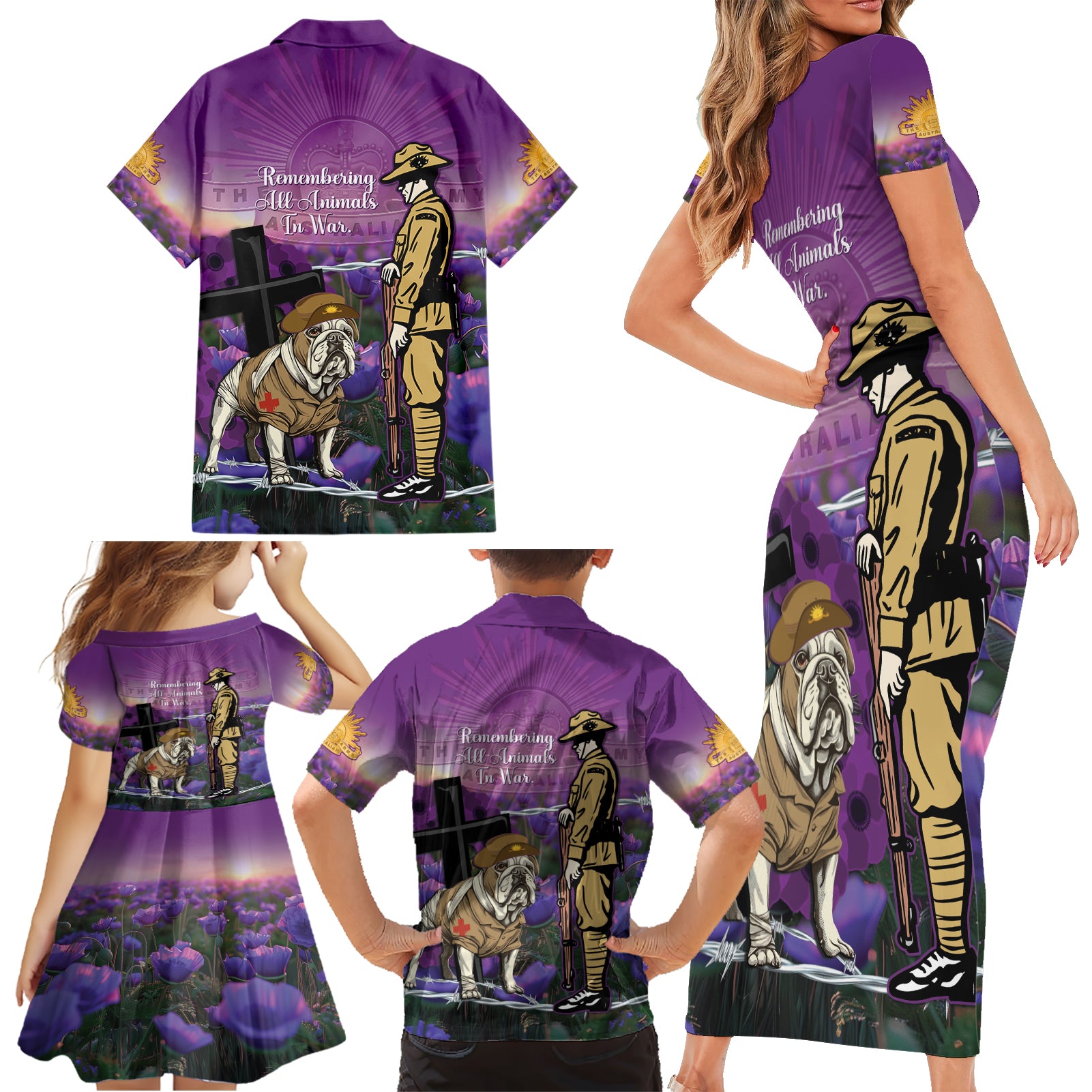 Australia Dog Heroes ANZAC Family Matching Short Sleeve Bodycon Dress and Hawaiian Shirt Remembering All Animals In War Purple Poppies