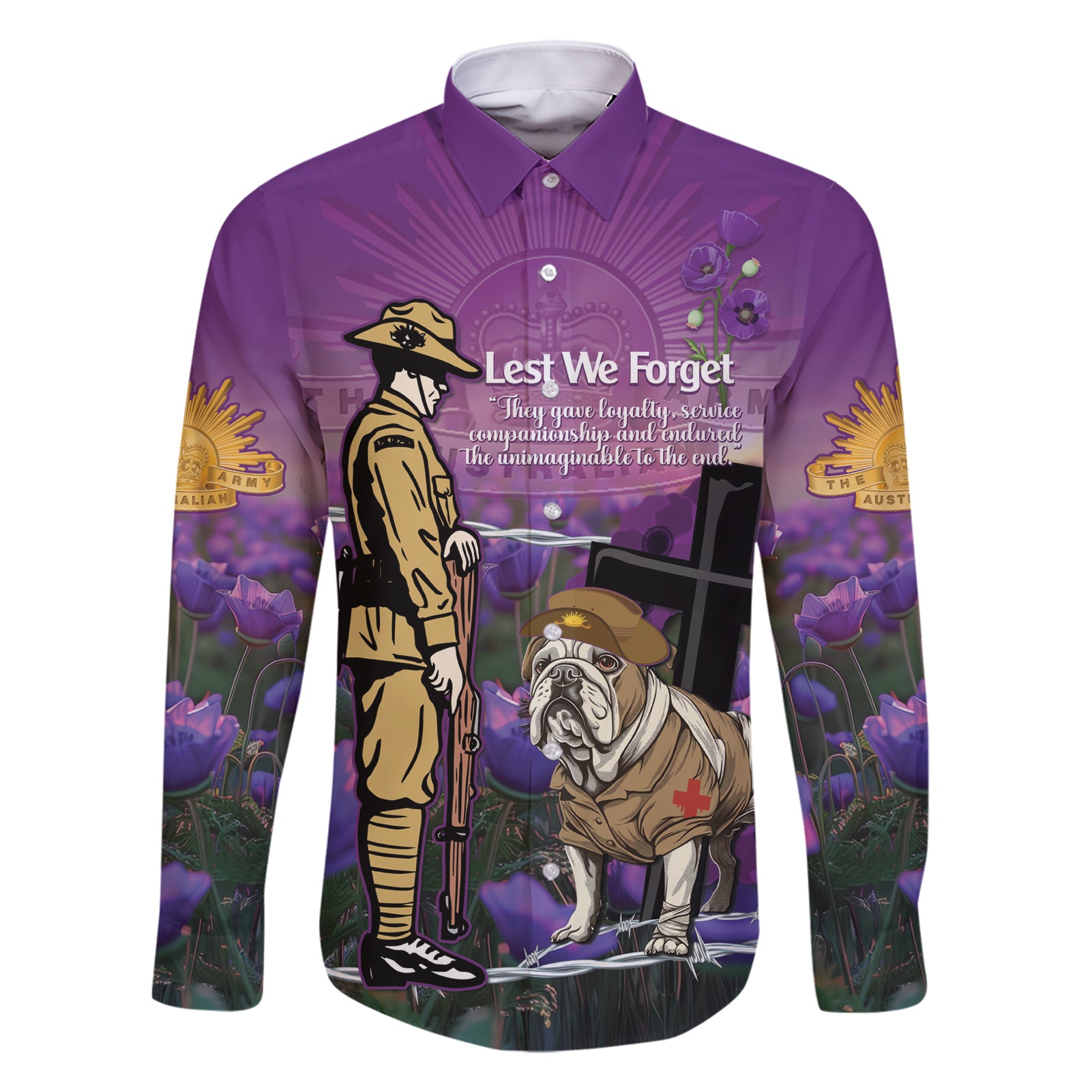 Australia Dog Heroes ANZAC Family Matching Short Sleeve Bodycon Dress and Hawaiian Shirt Remembering All Animals In War Purple Poppies