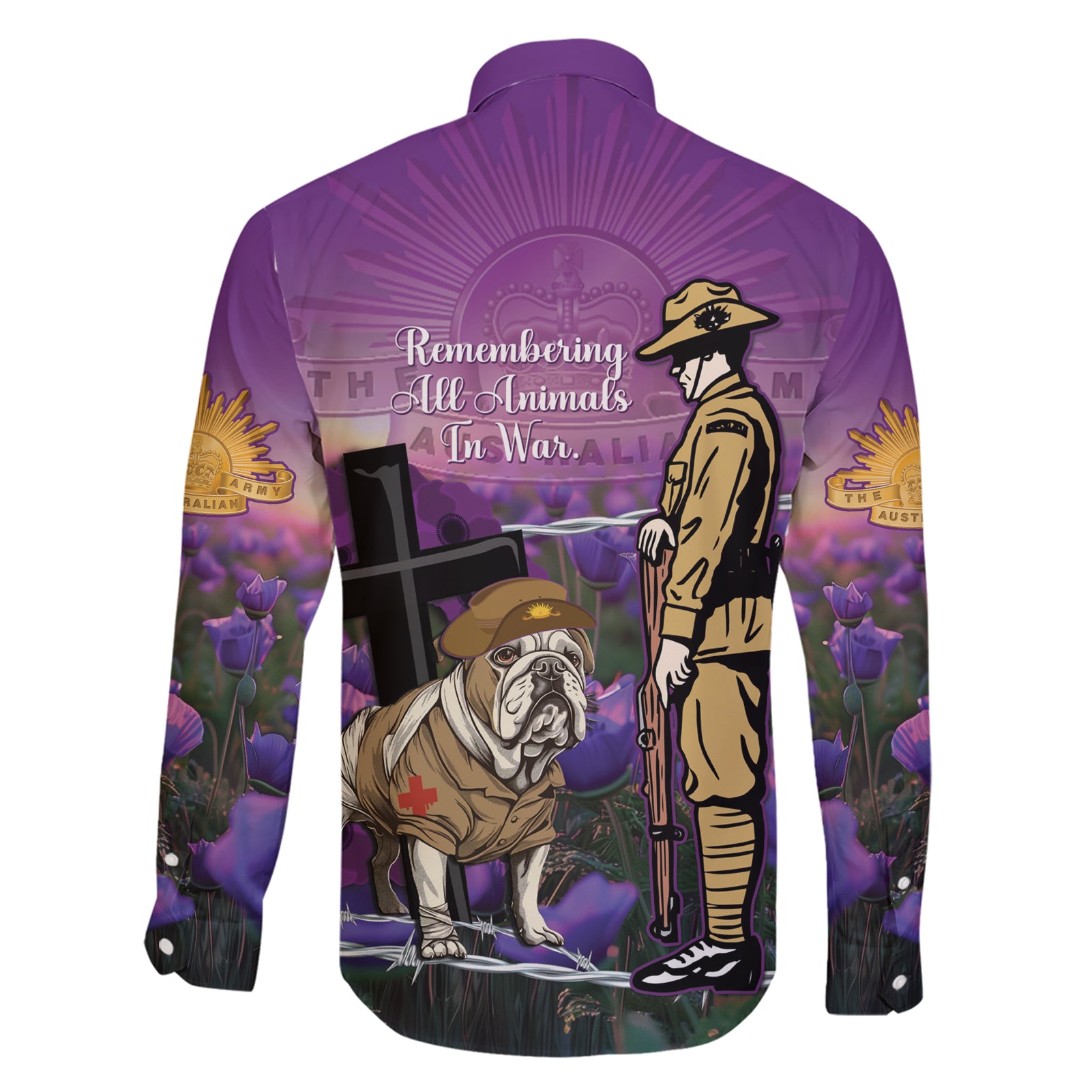 Australia Dog Heroes ANZAC Family Matching Short Sleeve Bodycon Dress and Hawaiian Shirt Remembering All Animals In War Purple Poppies