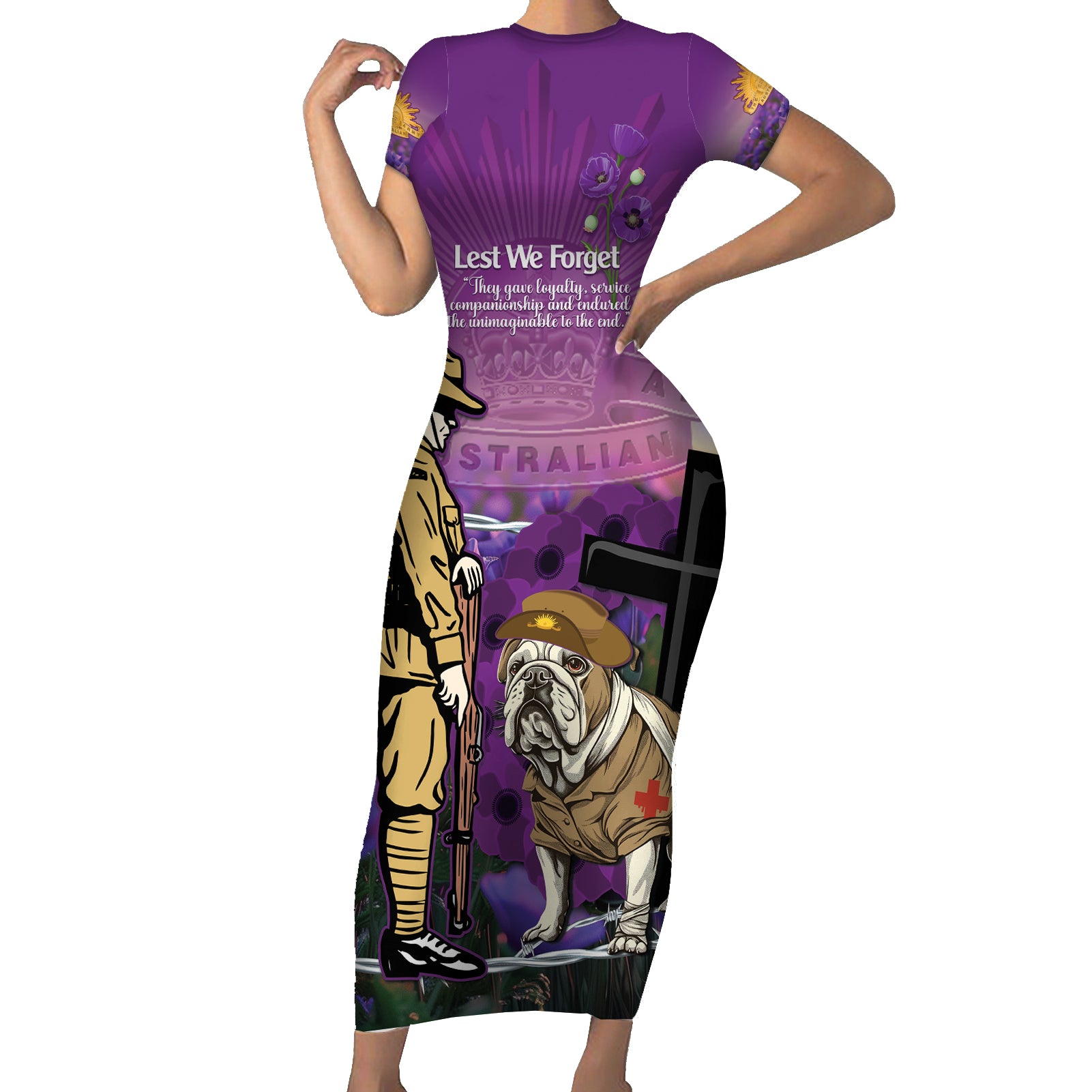 Australia Dog Heroes ANZAC Family Matching Short Sleeve Bodycon Dress and Hawaiian Shirt Remembering All Animals In War Purple Poppies