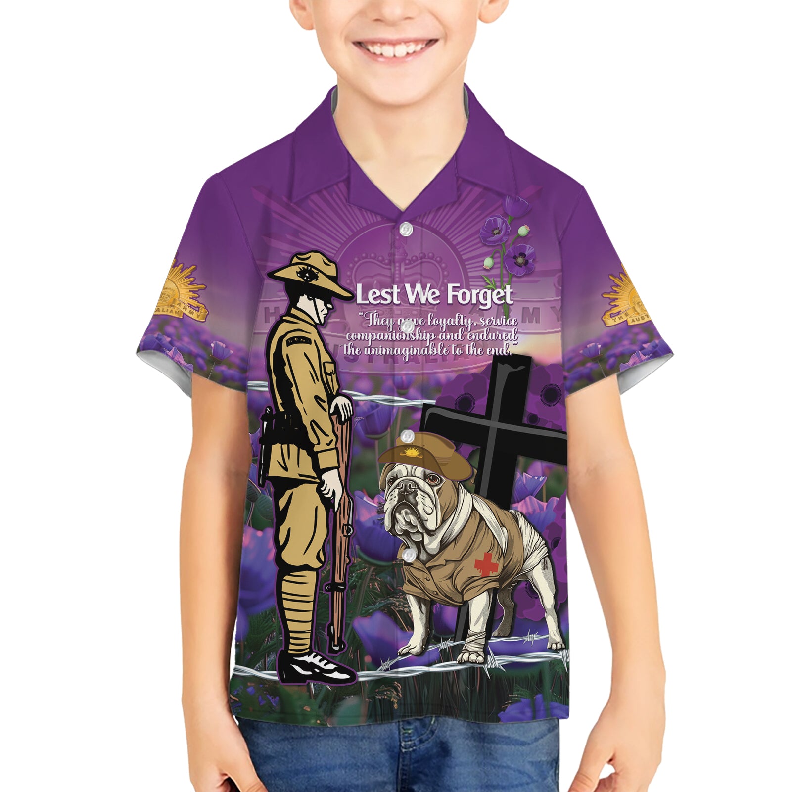 Australia Dog Heroes ANZAC Family Matching Short Sleeve Bodycon Dress and Hawaiian Shirt Remembering All Animals In War Purple Poppies