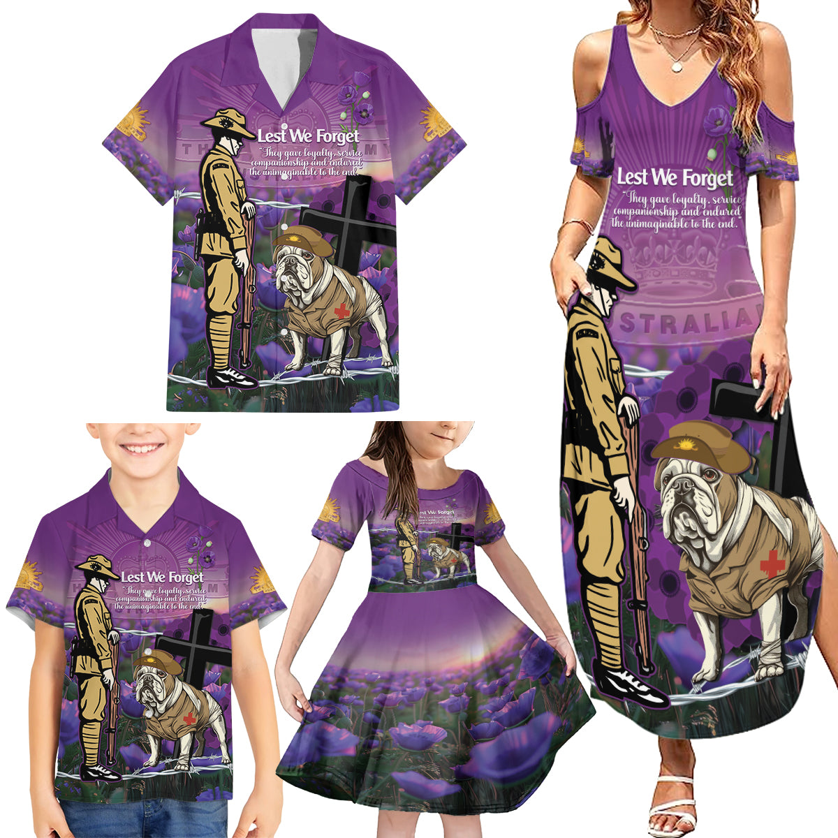Australia Dog Heroes ANZAC Family Matching Summer Maxi Dress and Hawaiian Shirt Remembering All Animals In War Purple Poppies