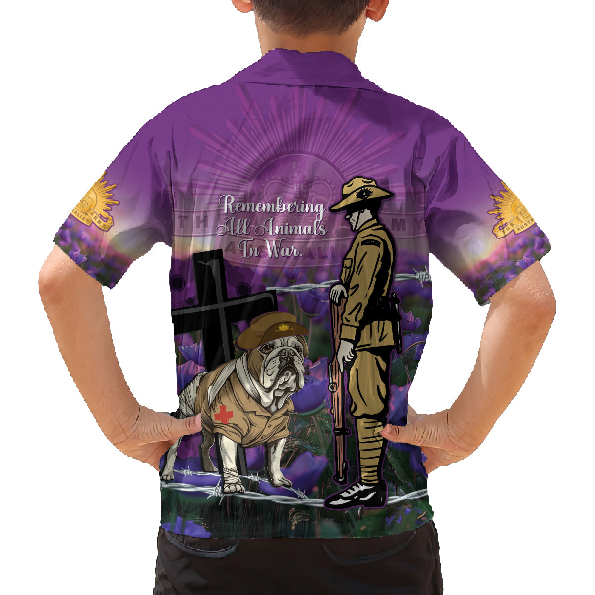 Australia Dog Heroes ANZAC Family Matching Summer Maxi Dress and Hawaiian Shirt Remembering All Animals In War Purple Poppies
