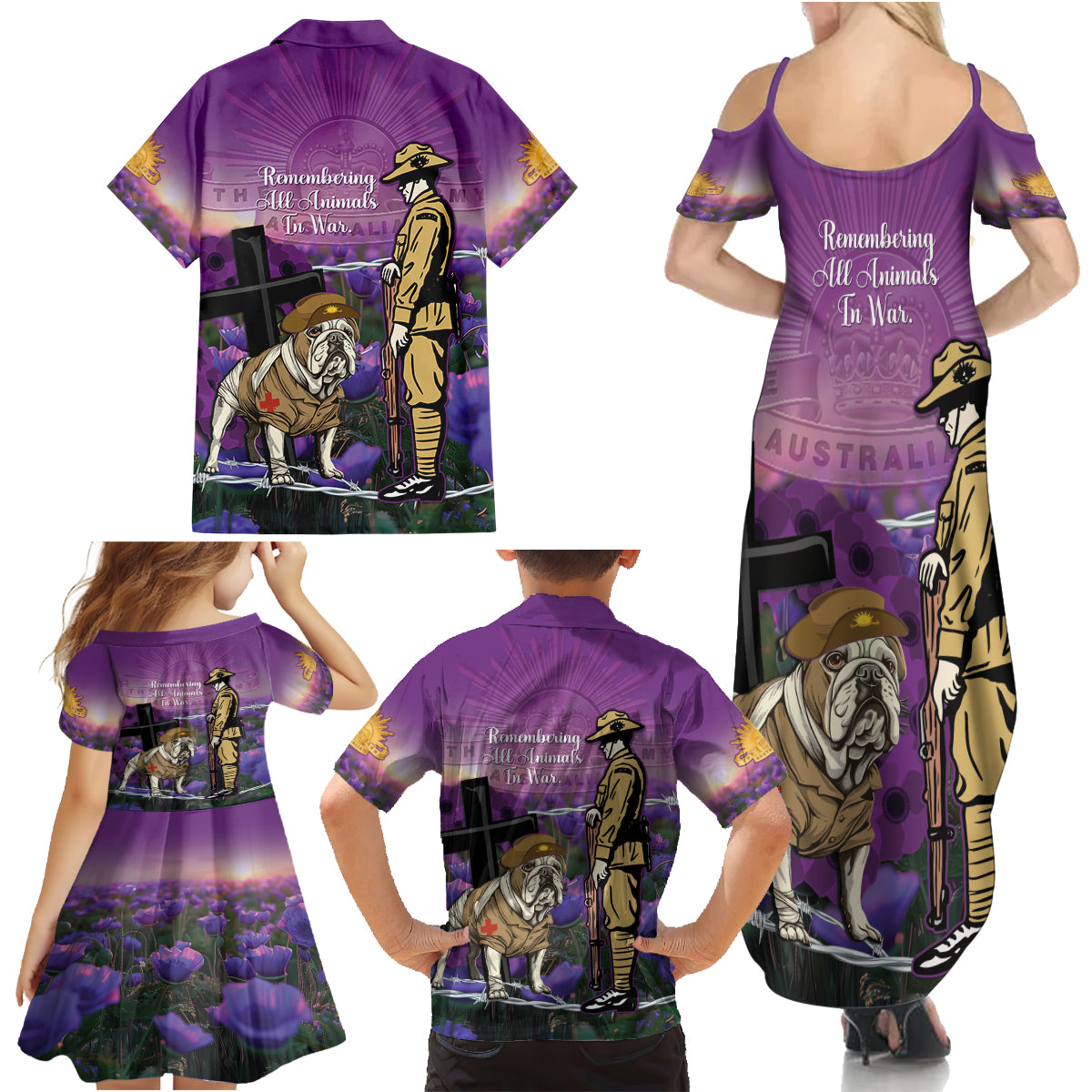 Australia Dog Heroes ANZAC Family Matching Summer Maxi Dress and Hawaiian Shirt Remembering All Animals In War Purple Poppies
