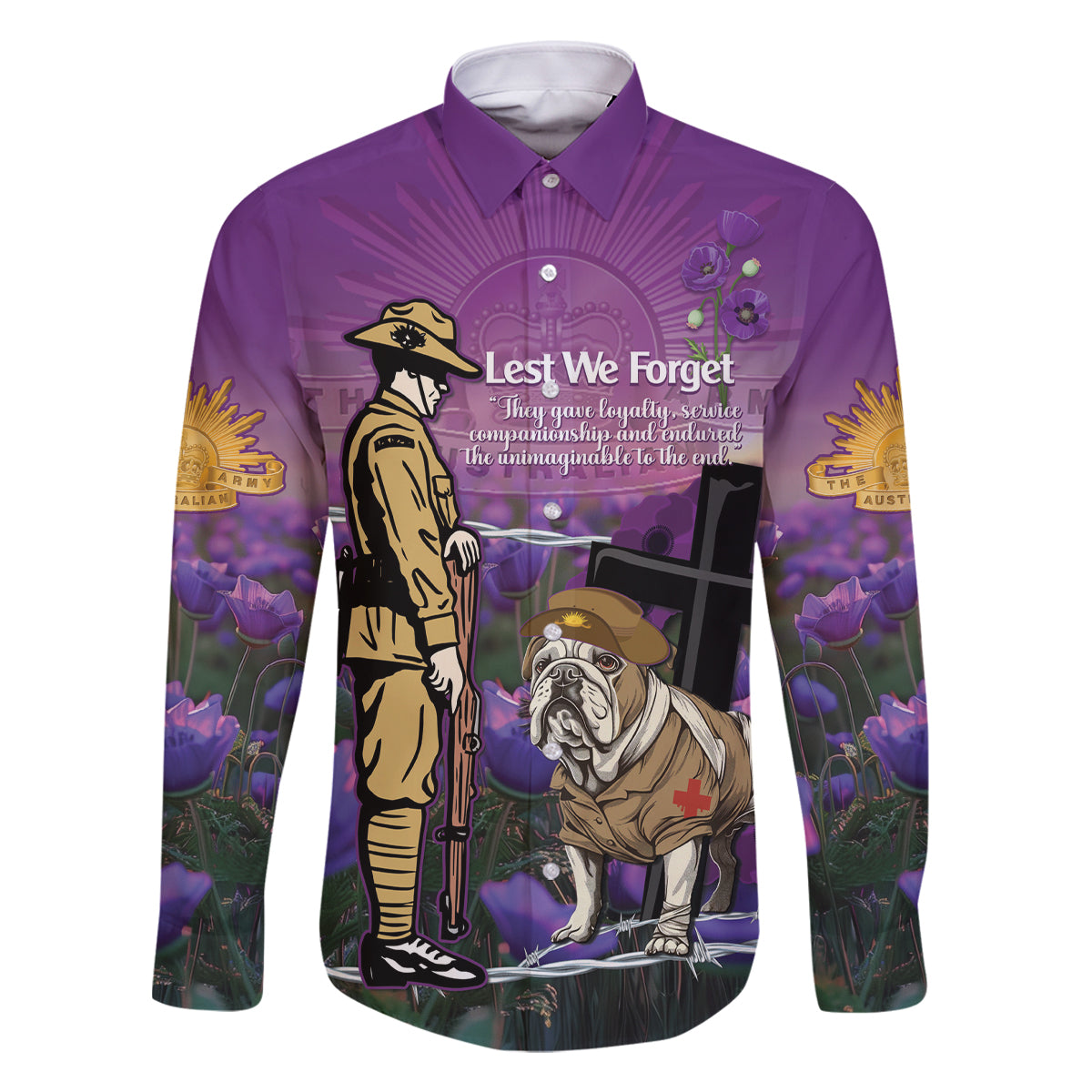 Australia Dog Heroes ANZAC Family Matching Summer Maxi Dress and Hawaiian Shirt Remembering All Animals In War Purple Poppies