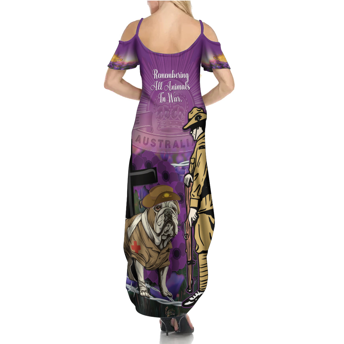 Australia Dog Heroes ANZAC Family Matching Summer Maxi Dress and Hawaiian Shirt Remembering All Animals In War Purple Poppies