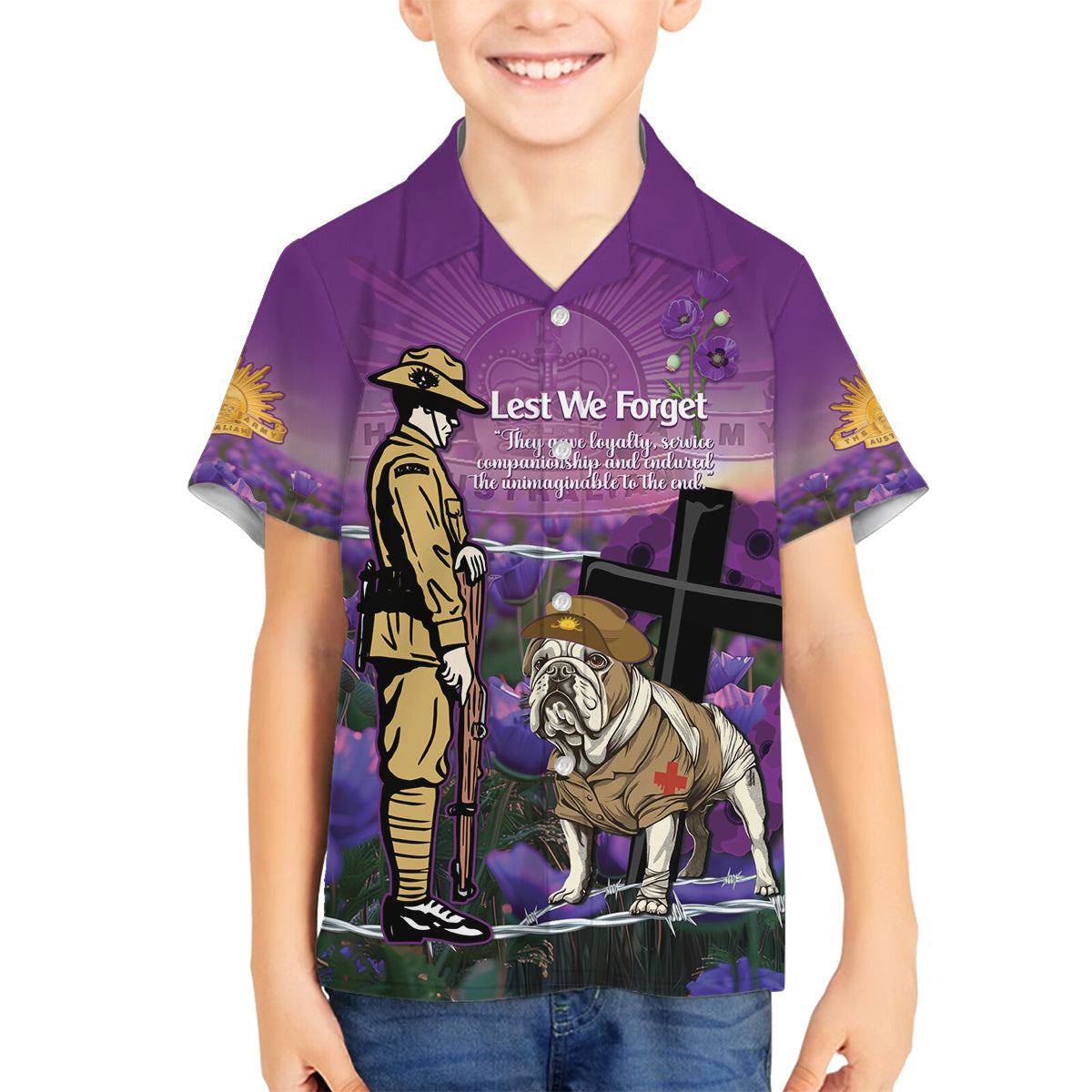 Australia Dog Heroes ANZAC Family Matching Summer Maxi Dress and Hawaiian Shirt Remembering All Animals In War Purple Poppies