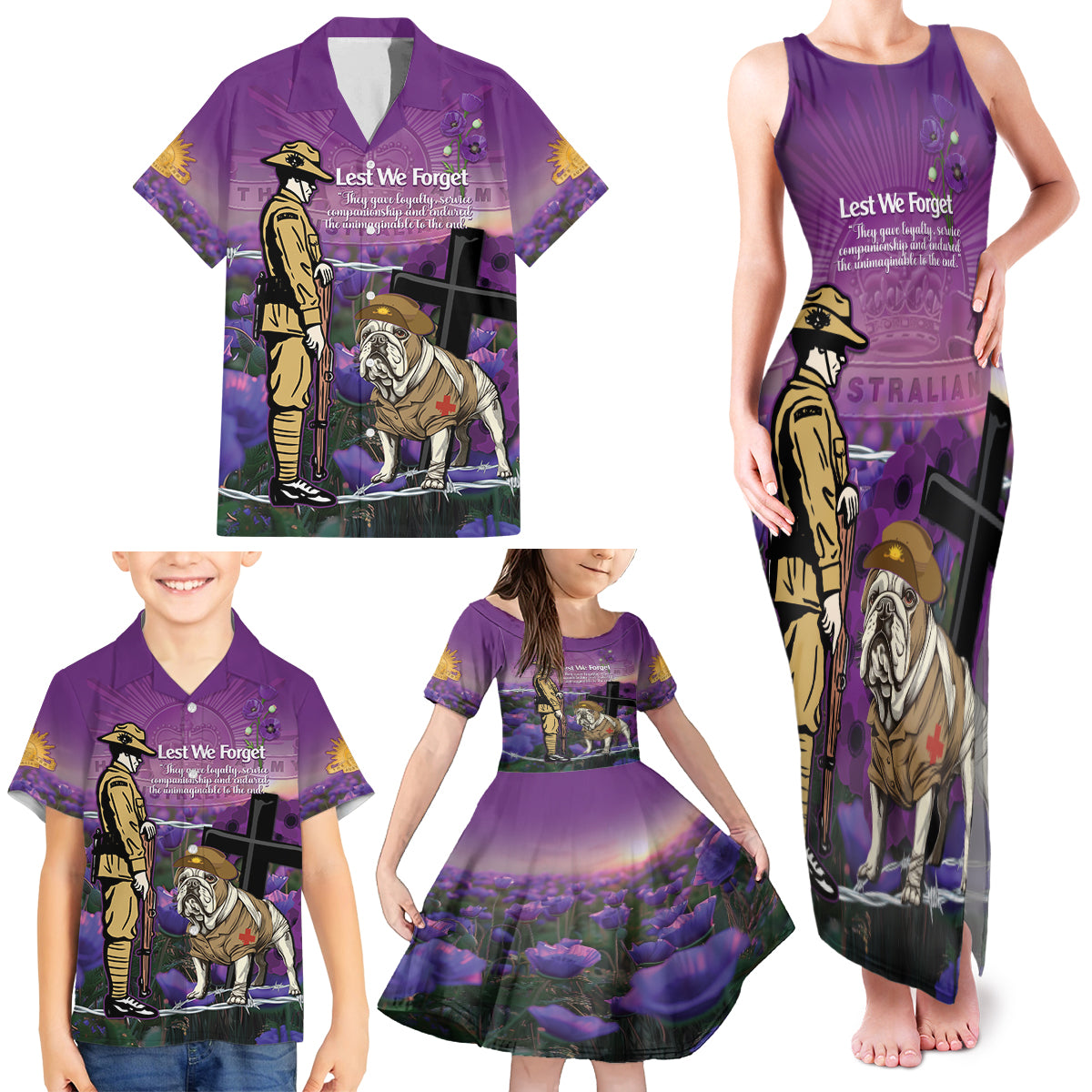 Australia Dog Heroes ANZAC Family Matching Tank Maxi Dress and Hawaiian Shirt Remembering All Animals In War Purple Poppies