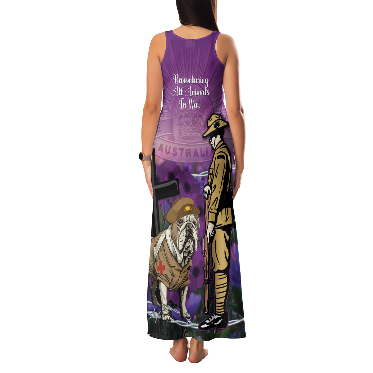 Australia Dog Heroes ANZAC Family Matching Tank Maxi Dress and Hawaiian Shirt Remembering All Animals In War Purple Poppies