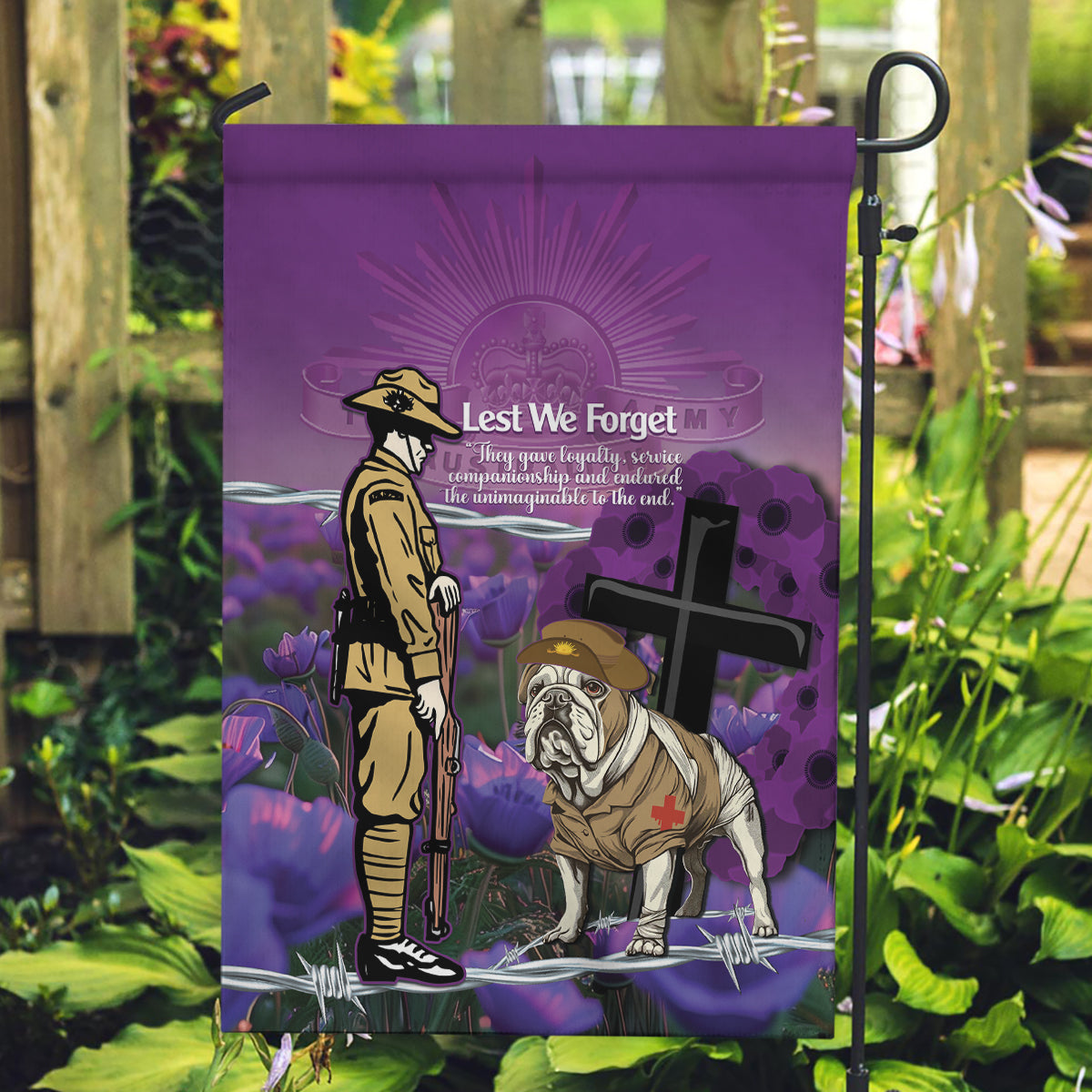 Australia Dog Heroes ANZAC Garden Flag Remembering All Animals In War Purple Poppies - Vibe Hoodie Shop