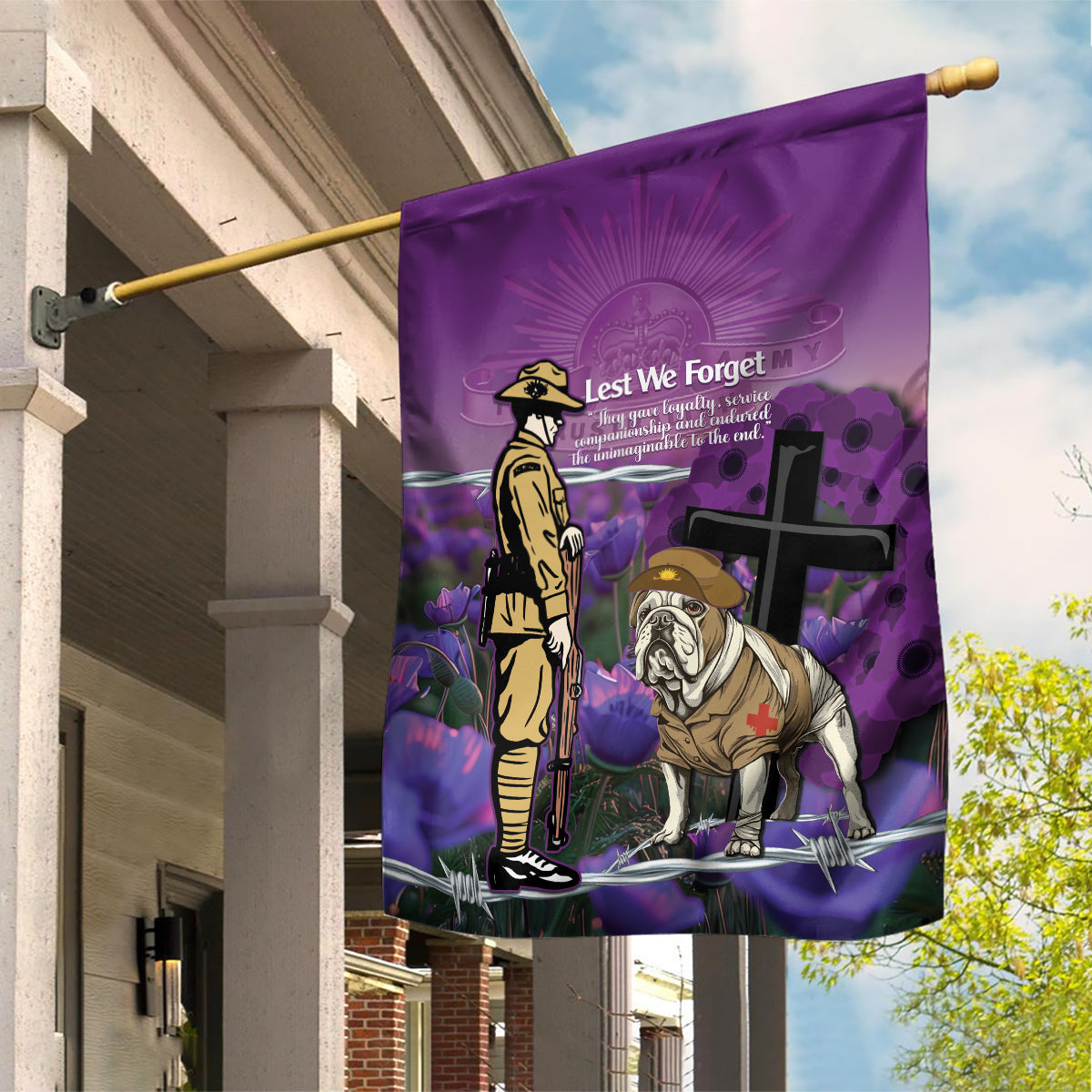 Australia Dog Heroes ANZAC Garden Flag Remembering All Animals In War Purple Poppies - Vibe Hoodie Shop