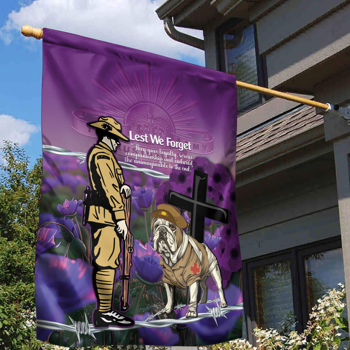 Australia Dog Heroes ANZAC Garden Flag Remembering All Animals In War Purple Poppies - Vibe Hoodie Shop