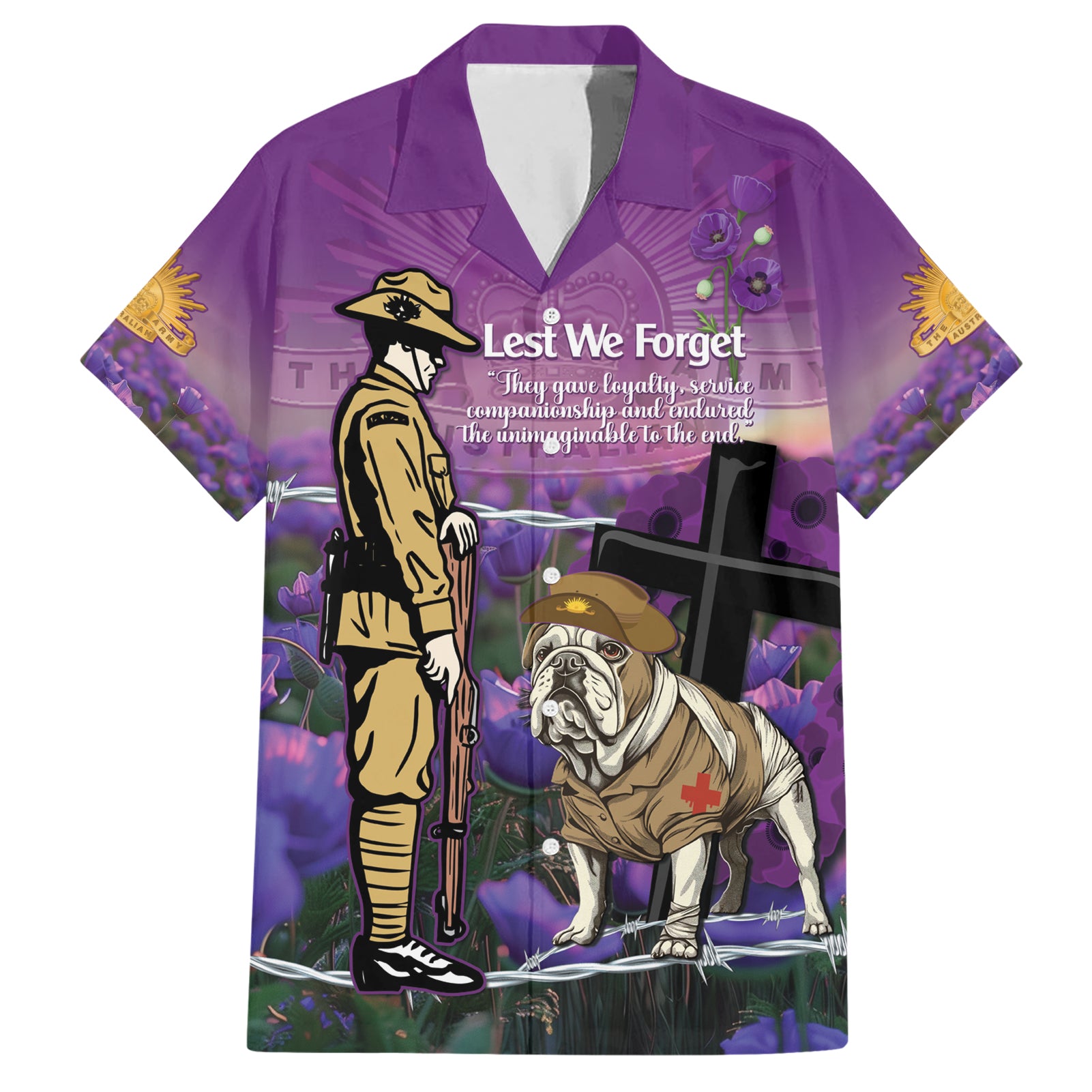 Australia Dog Heroes ANZAC Hawaiian Shirt Remembering All Animals In War Purple Poppies - Vibe Hoodie Shop