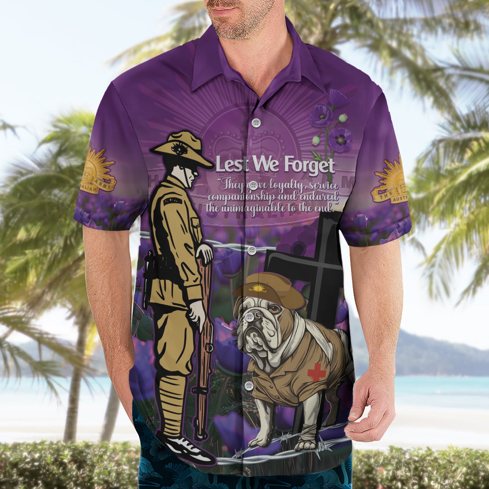 Australia Dog Heroes ANZAC Hawaiian Shirt Remembering All Animals In War Purple Poppies - Vibe Hoodie Shop